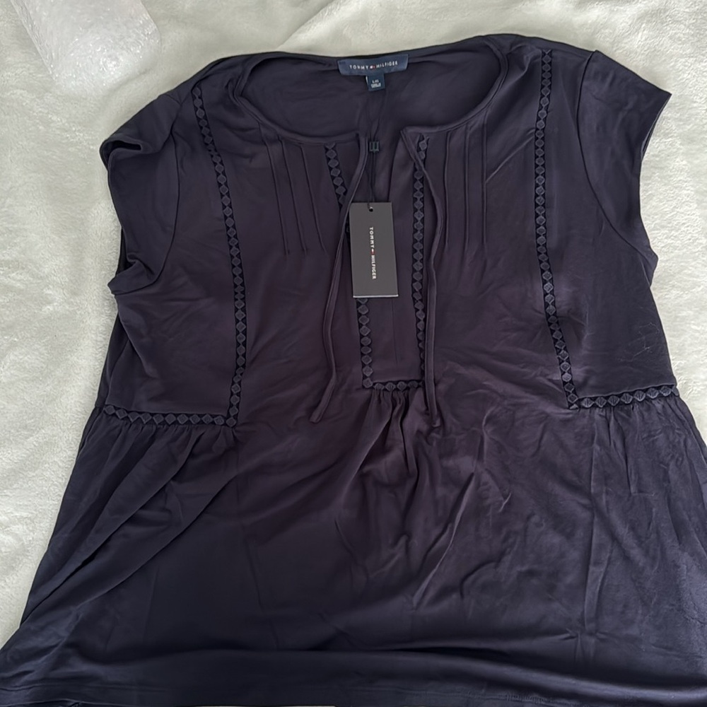 Tommy Hilfiger women/ Tommy Hilfiger Cap Sleeve Top with Trim Sky Captain LG